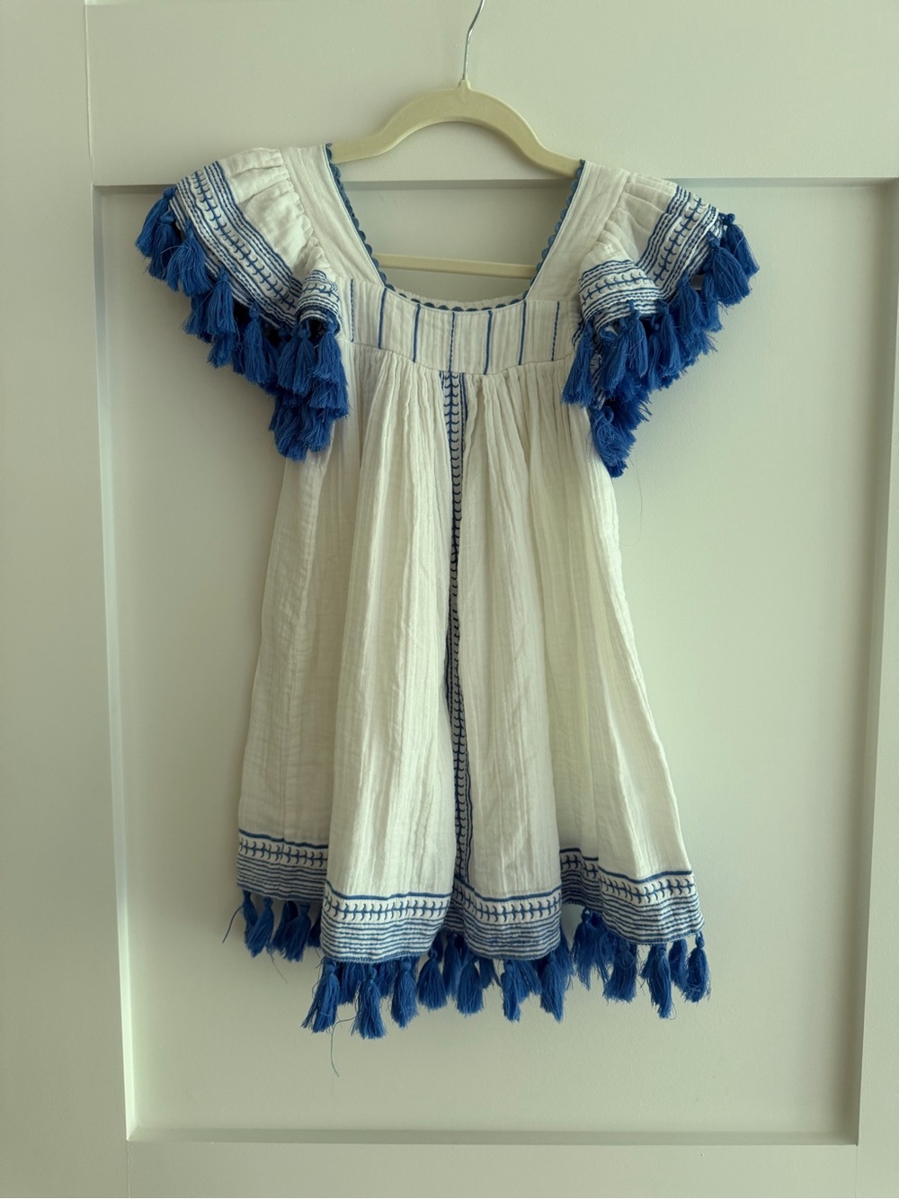 Mer St Barth Girls White Cotton Dress w/  Blue Tassel Trim- size 8